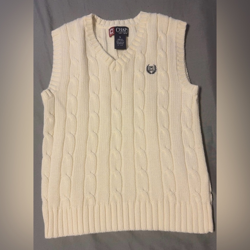 Chaps Ralph Lauren Sweater Vest Kids Youth Sz 5 Cream Cable Knit V Neck Cotton